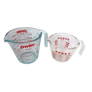 Vintage PYREX Measuring Cups 2 Oz And 8 oz Cup Red Lettering Open Handle SET